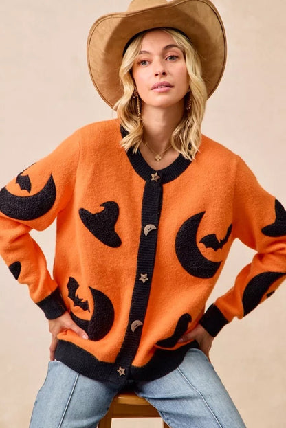 BiBi Halloween Witch Hat Moon Bat Artwork Cardigan - Bitsy Gypsy Boutique