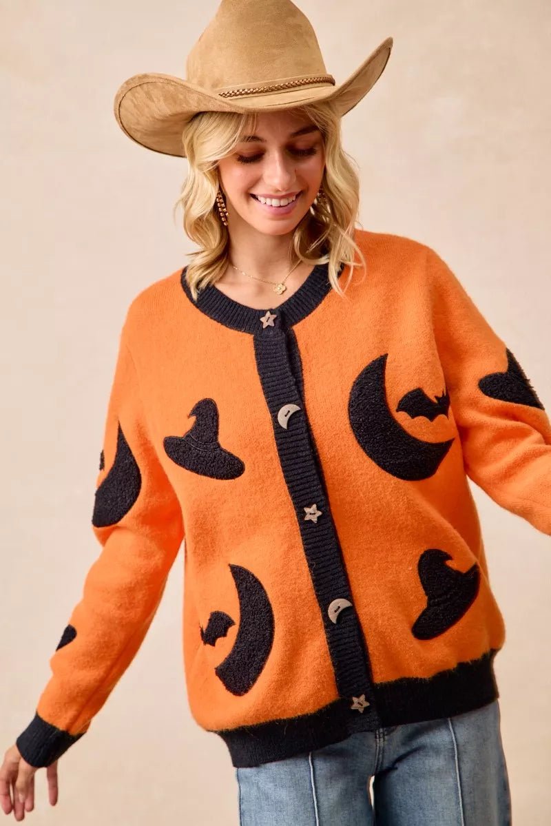 BiBi Halloween Witch Hat Moon Bat Artwork Cardigan - Bitsy Gypsy Boutique