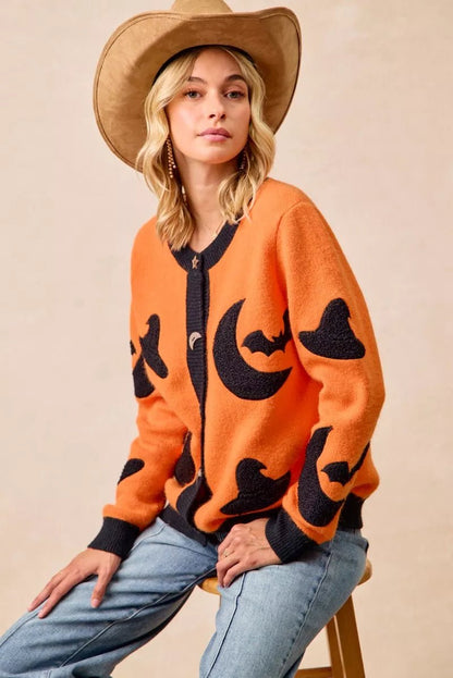 BiBi Halloween Witch Hat Moon Bat Artwork Cardigan - Bitsy Gypsy Boutique