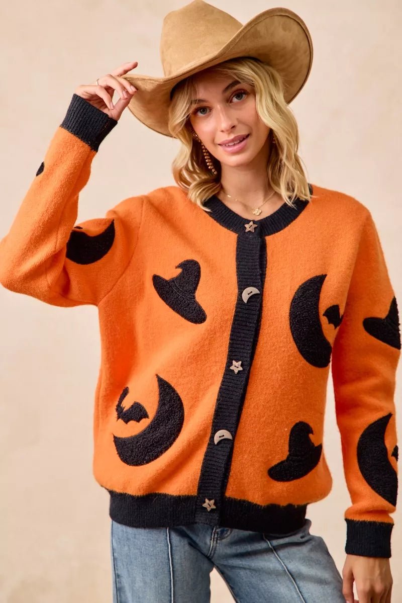 BiBi Halloween Witch Hat Moon Bat Artwork Cardigan - Bitsy Gypsy Boutique