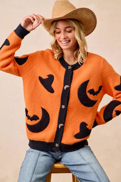 BiBi Halloween Witch Hat Moon Bat Artwork Cardigan - Bitsy Gypsy Boutique