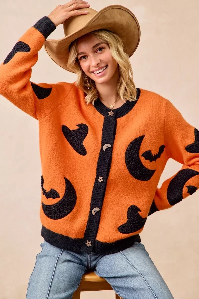 BiBi Halloween Witch Hat Moon Bat Artwork Cardigan - Bitsy Gypsy Boutique