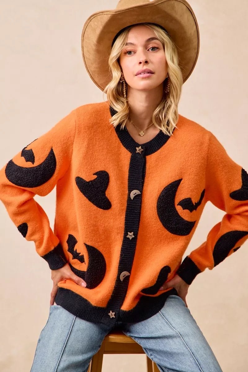 BiBi Halloween Witch Hat Moon Bat Artwork Cardigan - Bitsy Gypsy Boutique