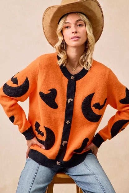 BiBi Halloween Witch Hat Moon Bat Artwork Cardigan - Bitsy Gypsy Boutique