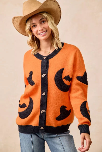 BiBi Halloween Witch Hat Moon Bat Artwork Cardigan - Bitsy Gypsy Boutique