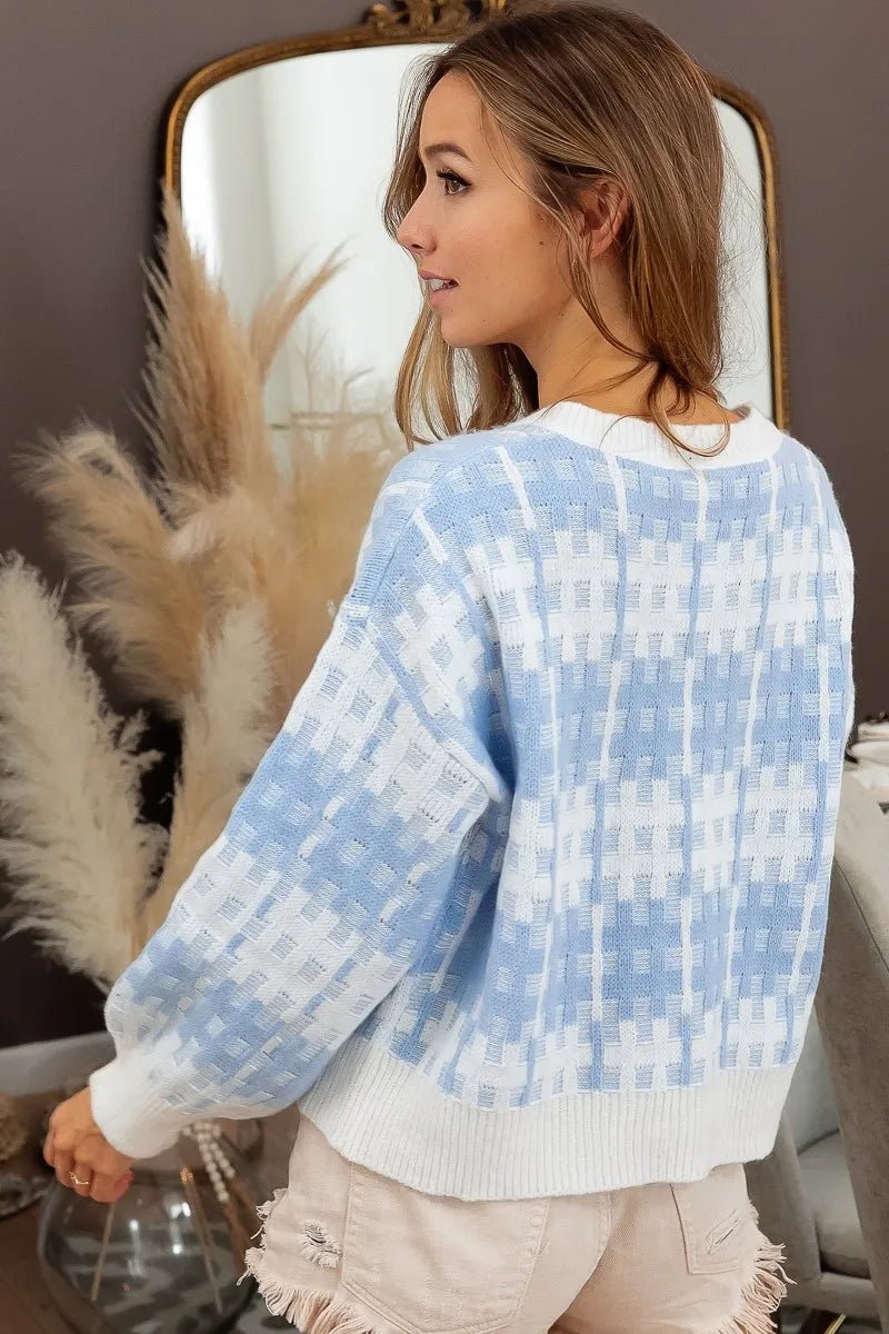 BiBi Hashtag Grid Textured V - Neck Sweater - Bitsy Gypsy Boutique