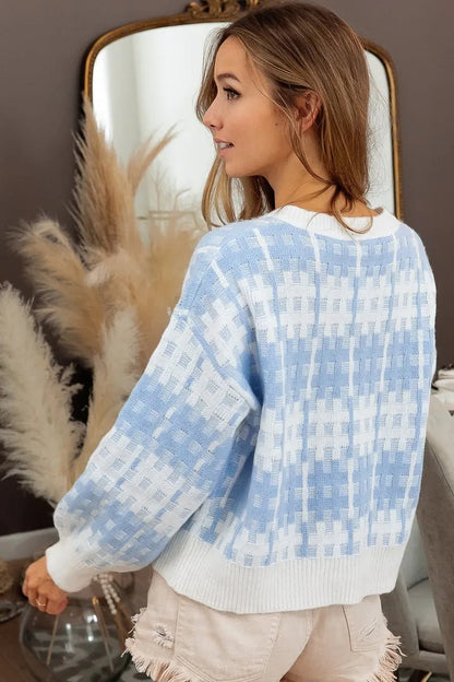 BiBi Hashtag Grid Textured V - Neck Sweater - Bitsy Gypsy Boutique