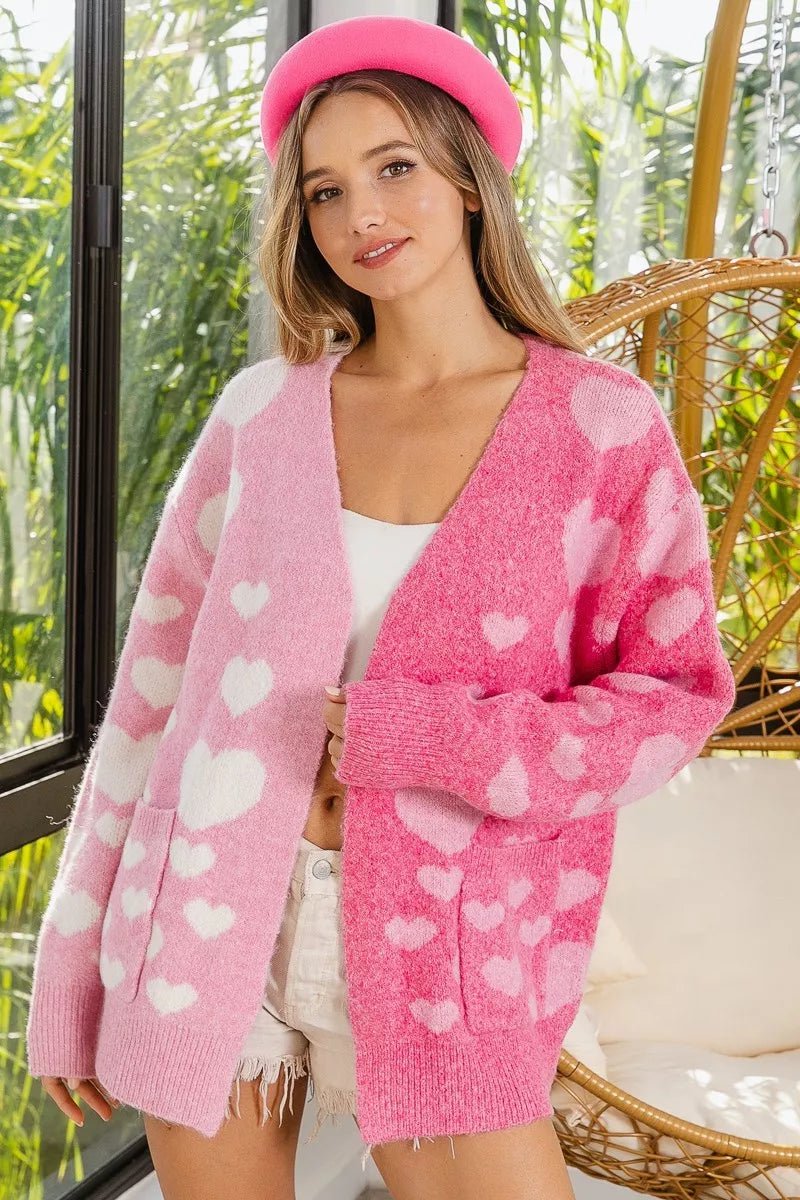 BiBi Heart Color Block V - Beck Knit Cardigan with Pockets - Bitsy Gypsy Boutique
