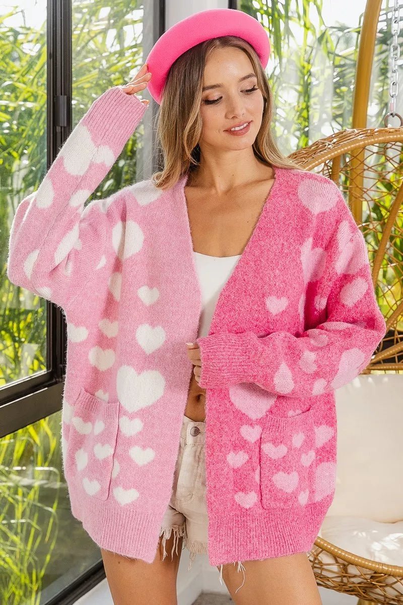 BiBi Heart Color Block V - Beck Knit Cardigan with Pockets - Bitsy Gypsy Boutique