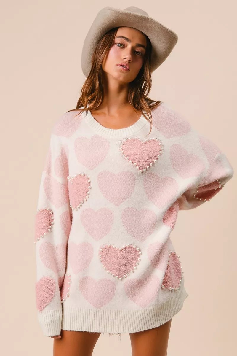 BiBi Heart Pattern Sweater with Pearl Detail - Bitsy Gypsy Boutique