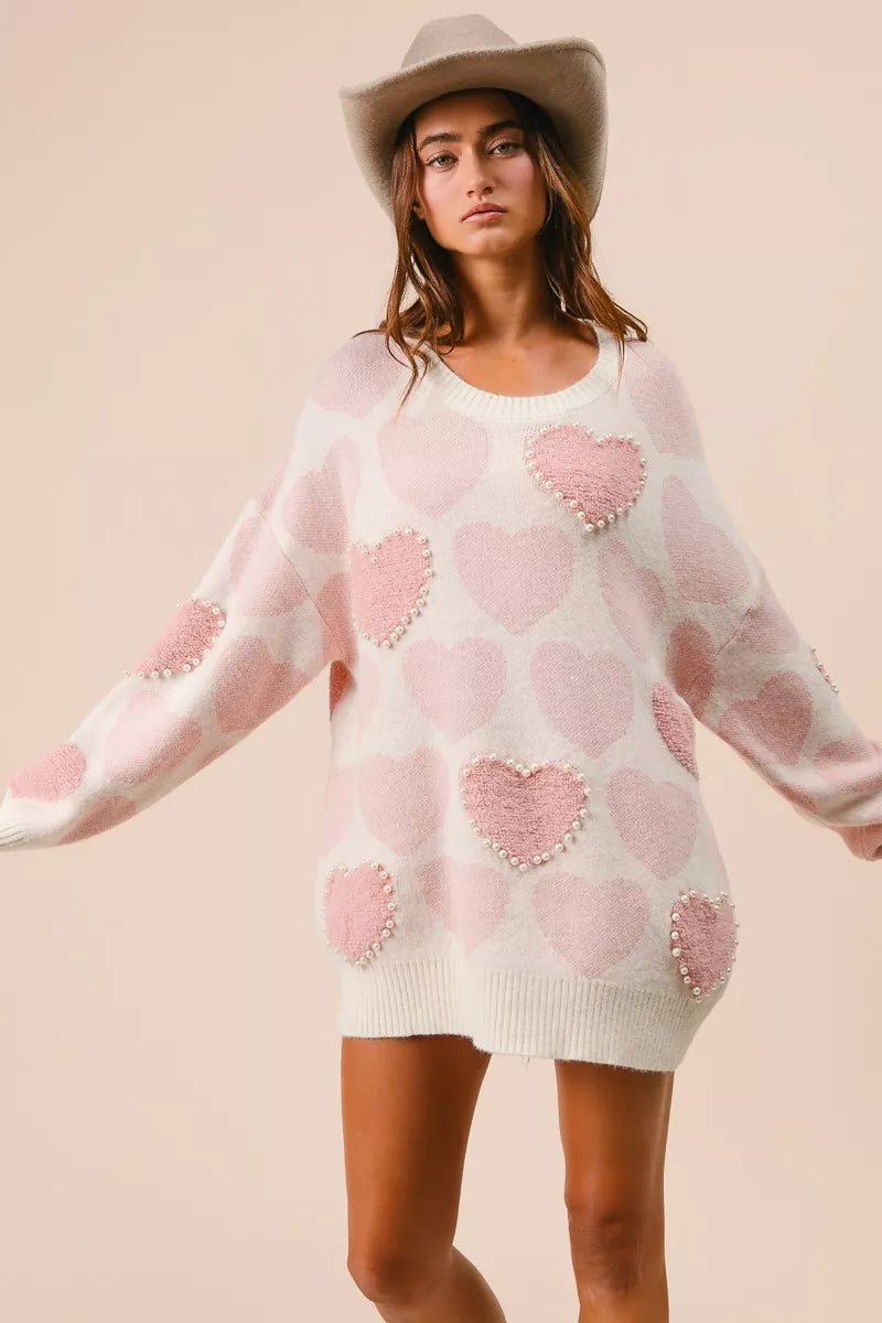 BiBi Heart Pattern Sweater with Pearl Detail - Bitsy Gypsy Boutique