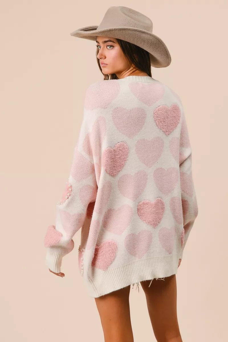 BiBi Heart Pattern Sweater with Pearl Detail - Bitsy Gypsy Boutique