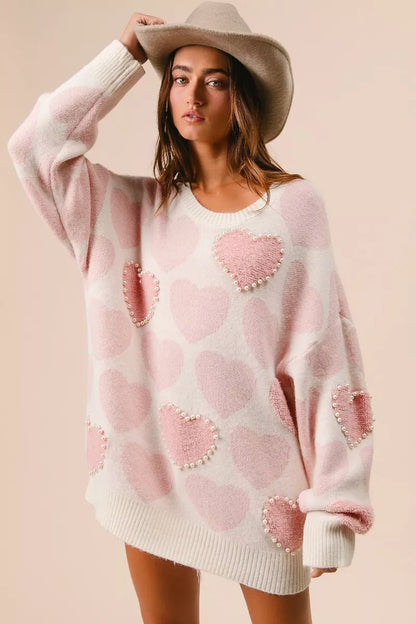 BiBi Heart Pattern Sweater with Pearl Detail - Bitsy Gypsy Boutique