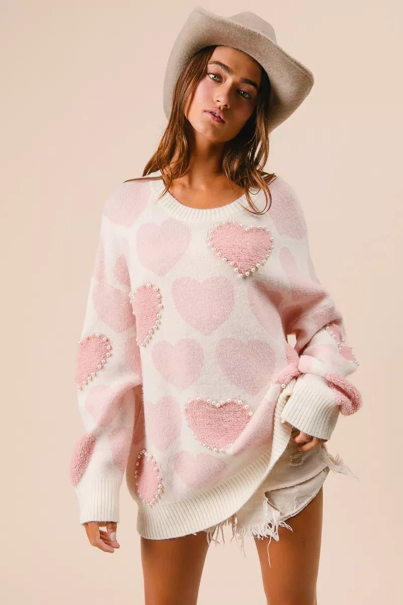 BiBi Heart Pattern Sweater with Pearl Detail - Bitsy Gypsy Boutique