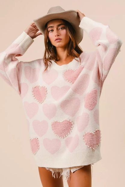 BiBi Heart Pattern Sweater with Pearl Detail - Bitsy Gypsy Boutique