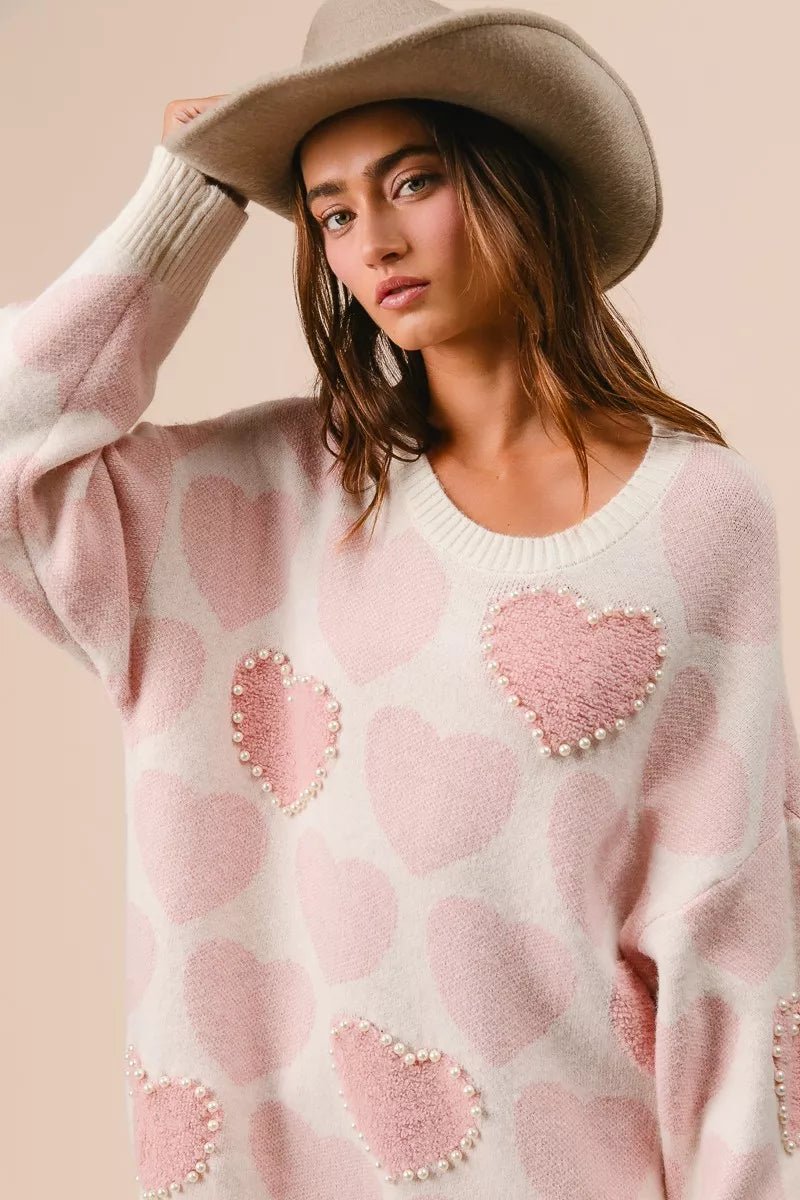 BiBi Heart Pattern Sweater with Pearl Detail - Bitsy Gypsy Boutique