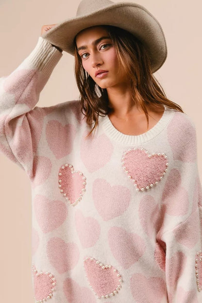 BiBi Heart Pattern Sweater with Pearl Detail - Bitsy Gypsy Boutique
