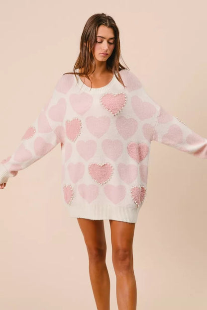 BiBi Heart Pattern Sweater with Pearl Detail - Bitsy Gypsy Boutique