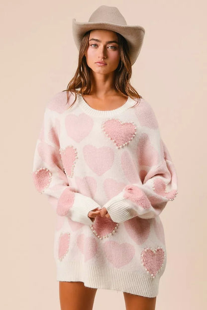 BiBi Heart Pattern Sweater with Pearl Detail - Bitsy Gypsy Boutique