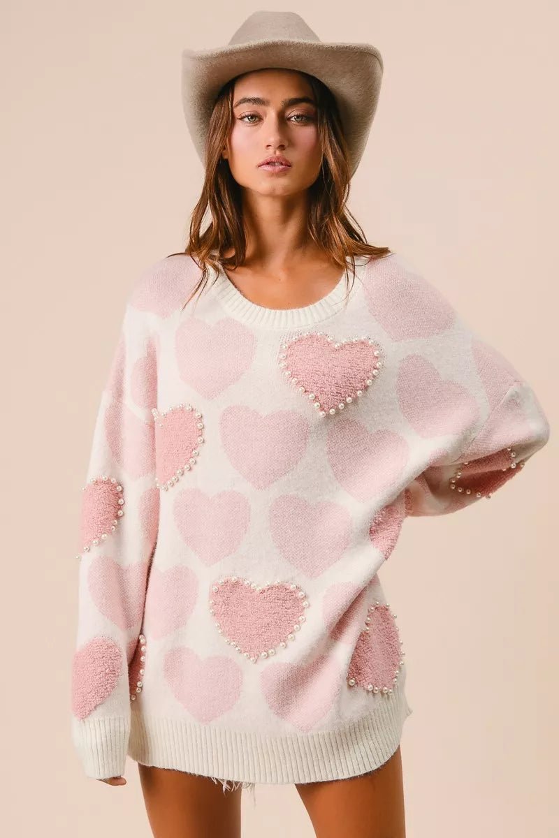 BiBi Heart Pattern Sweater with Pearl Detail - Bitsy Gypsy Boutique