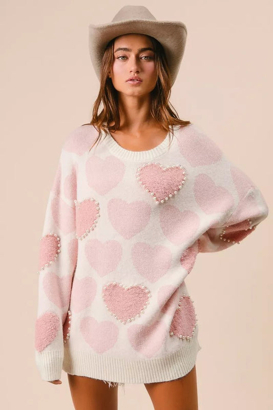 BiBi Heart Pattern Sweater with Pearl Detail - Bitsy Gypsy Boutique