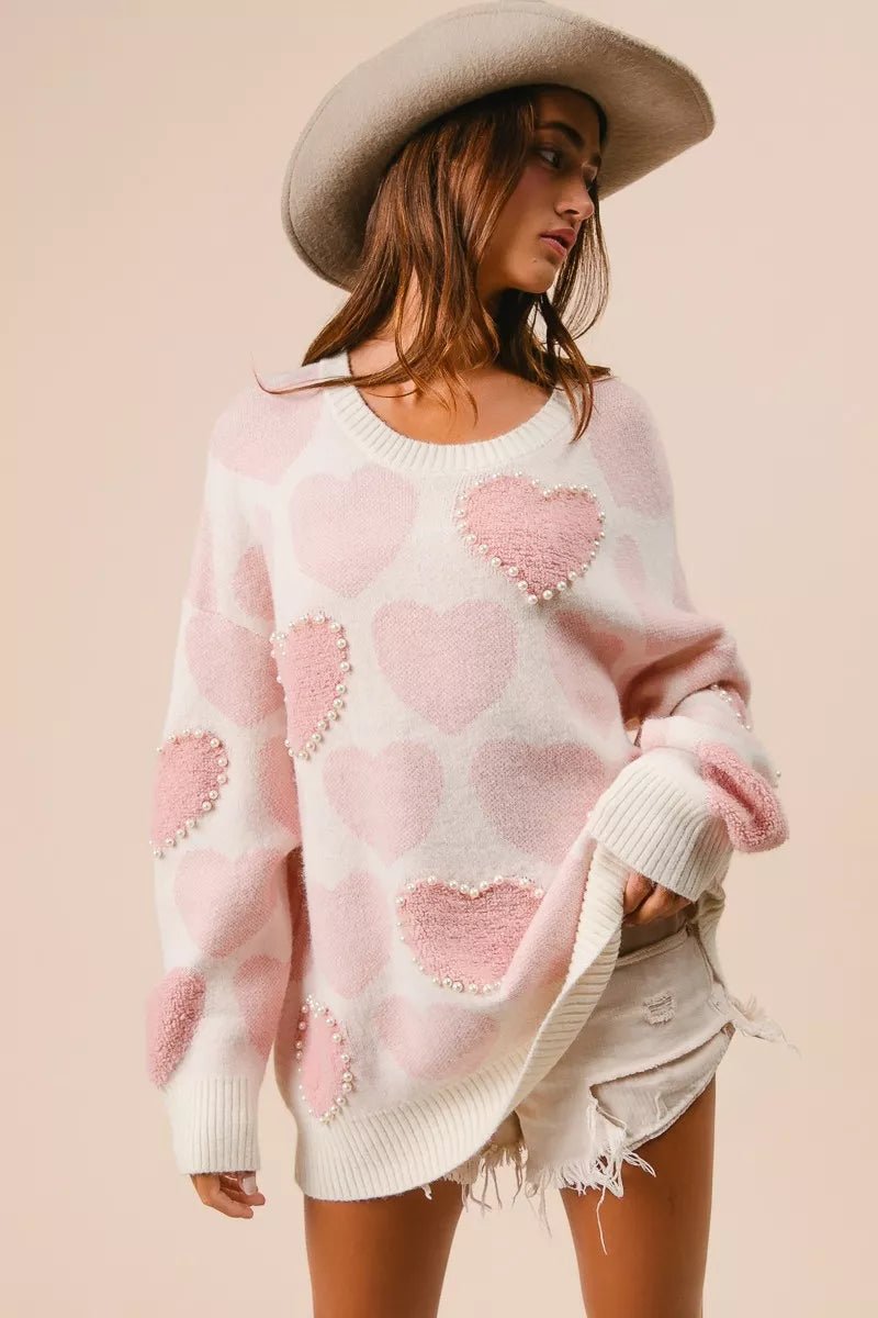 BiBi Heart Pattern Sweater with Pearl Detail - Bitsy Gypsy Boutique