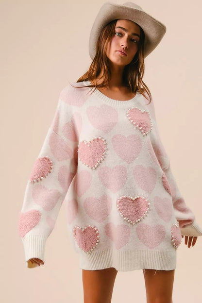 BiBi Heart Pattern Sweater with Pearl Detail - Bitsy Gypsy Boutique