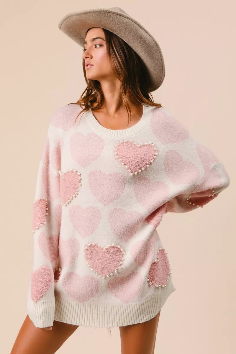 BiBi Heart Pattern Sweater with Pearl Detail - Bitsy Gypsy Boutique
