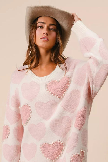 BiBi Heart Pattern Sweater with Pearl Detail - Bitsy Gypsy Boutique