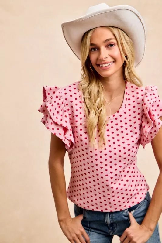 BiBi Heart Patterned Knit Ruffled Sleeves Top - Bitsy Gypsy Boutique