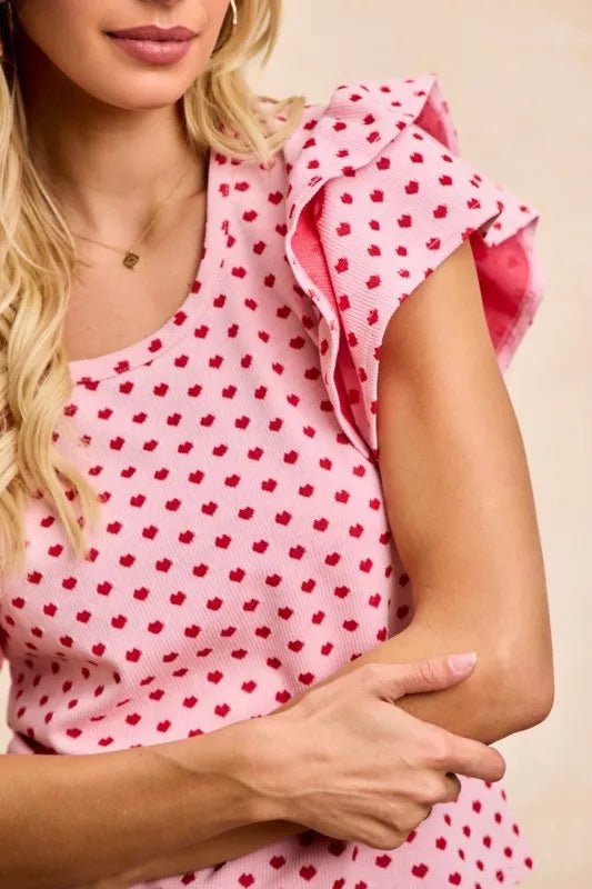 BiBi Heart Patterned Knit Ruffled Sleeves Top - Bitsy Gypsy Boutique