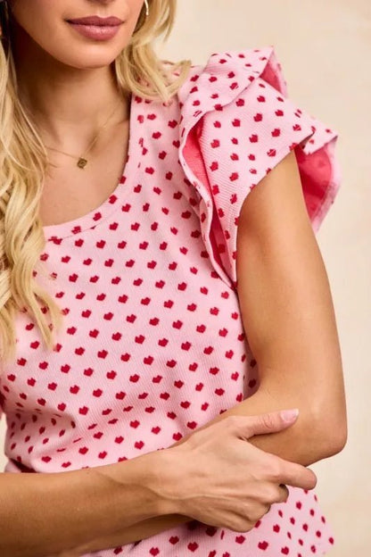 BiBi Heart Patterned Knit Ruffled Sleeves Top - Bitsy Gypsy Boutique