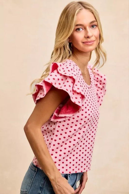 BiBi Heart Patterned Knit Ruffled Sleeves Top - Bitsy Gypsy Boutique