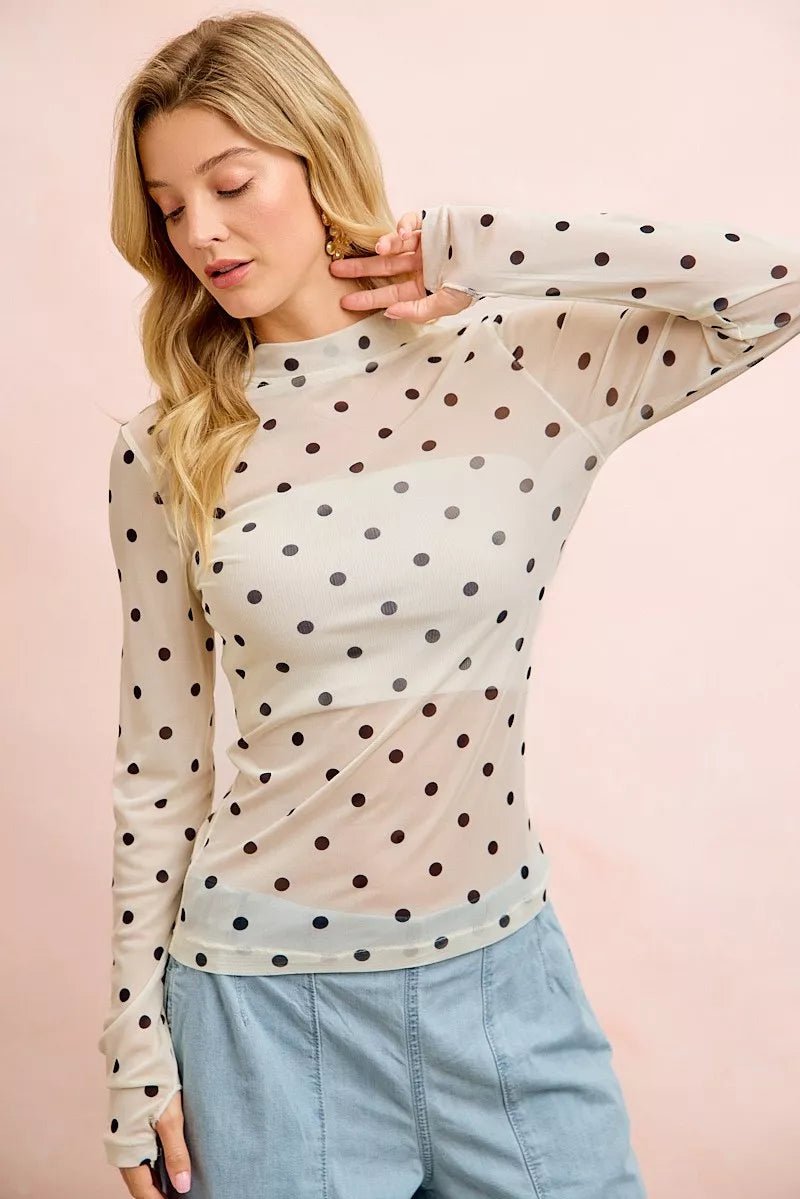 BiBi High Neck Line Polka Dots Mesh Top With Thumb Open - Bitsy Gypsy Boutique
