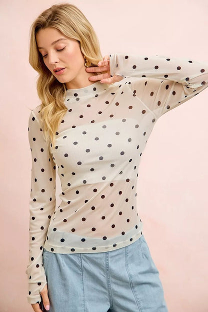 BiBi High Neck Line Polka Dots Mesh Top With Thumb Open - Bitsy Gypsy Boutique