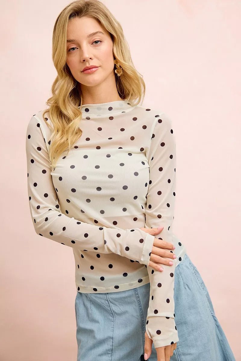 BiBi High Neck Line Polka Dots Mesh Top With Thumb Open - Bitsy Gypsy Boutique