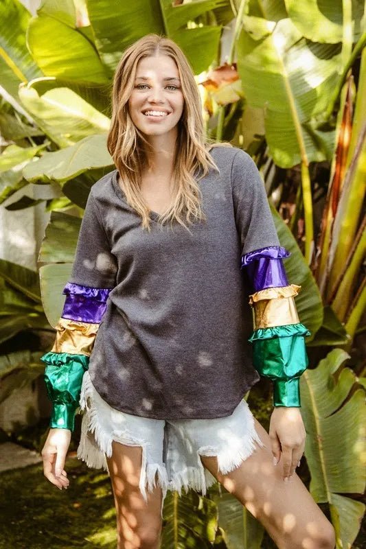BiBi Ity Foil Ruffled Color Block Top - Bitsy Gypsy Boutique