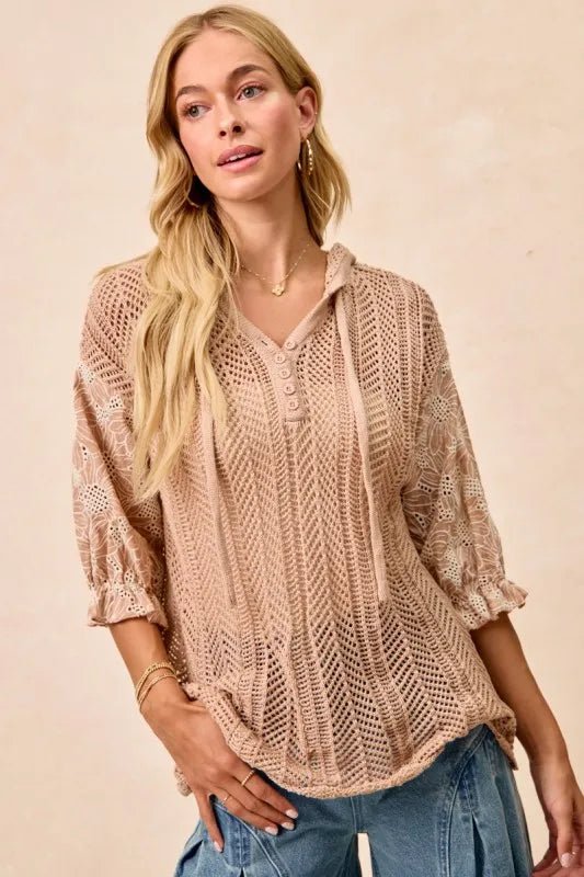BiBi Jacquard Flower Puff Sleeve Hooded Knit Top - Bitsy Gypsy Boutique