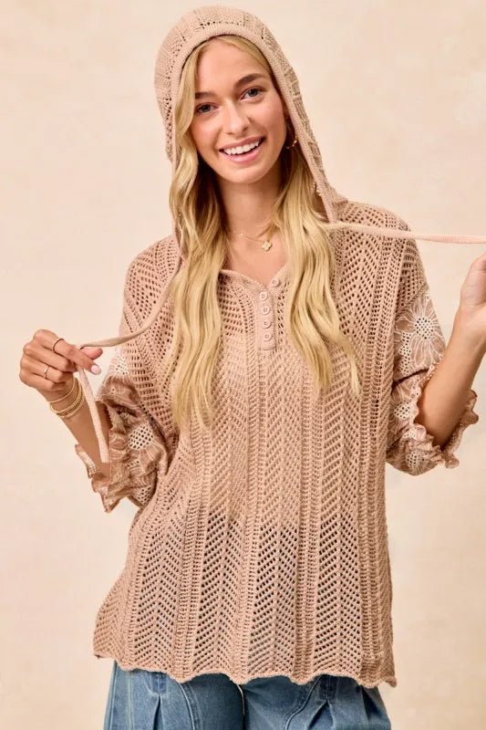 BiBi Jacquard Flower Puff Sleeve Hooded Knit Top - Bitsy Gypsy Boutique