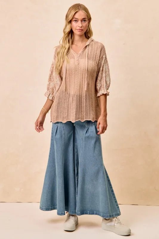 BiBi Jacquard Flower Puff Sleeve Hooded Knit Top - Bitsy Gypsy Boutique