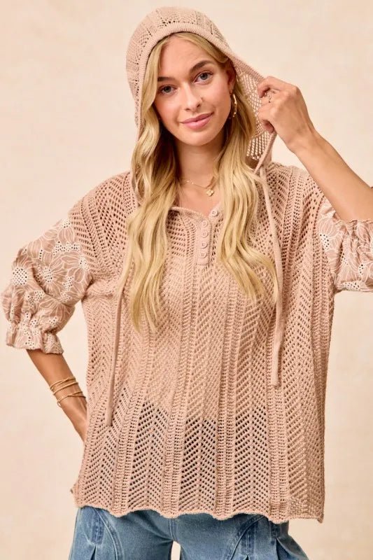 BiBi Jacquard Flower Puff Sleeve Hooded Knit Top - Bitsy Gypsy Boutique