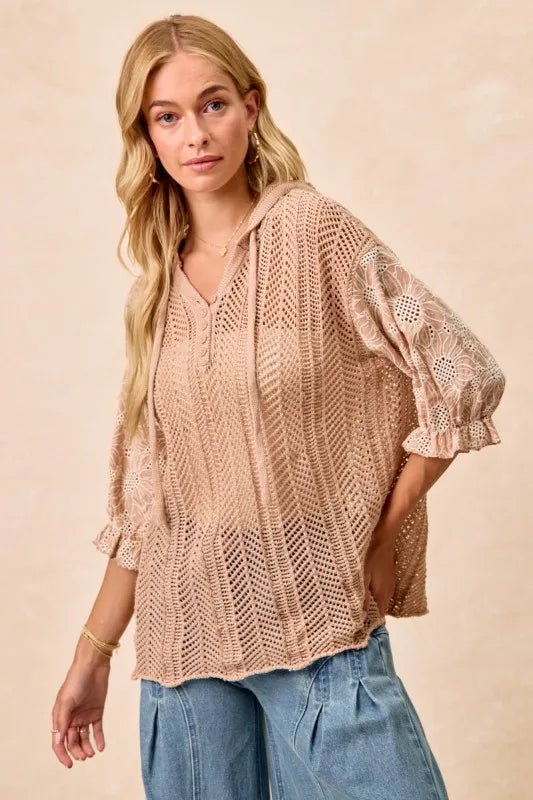 BiBi Jacquard Flower Puff Sleeve Hooded Knit Top - Bitsy Gypsy Boutique