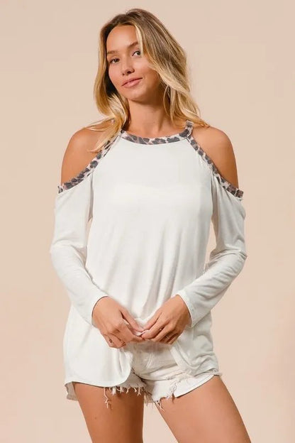 BiBi Jersey Knit Cold Shoulder Top with Leopard Neck - Bitsy Gypsy Boutique