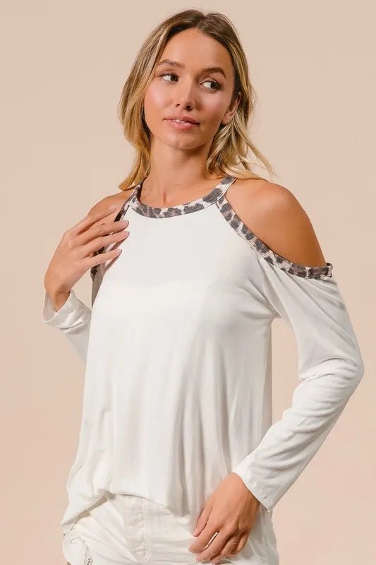 BiBi Jersey Knit Cold Shoulder Top with Leopard Neck - Bitsy Gypsy Boutique
