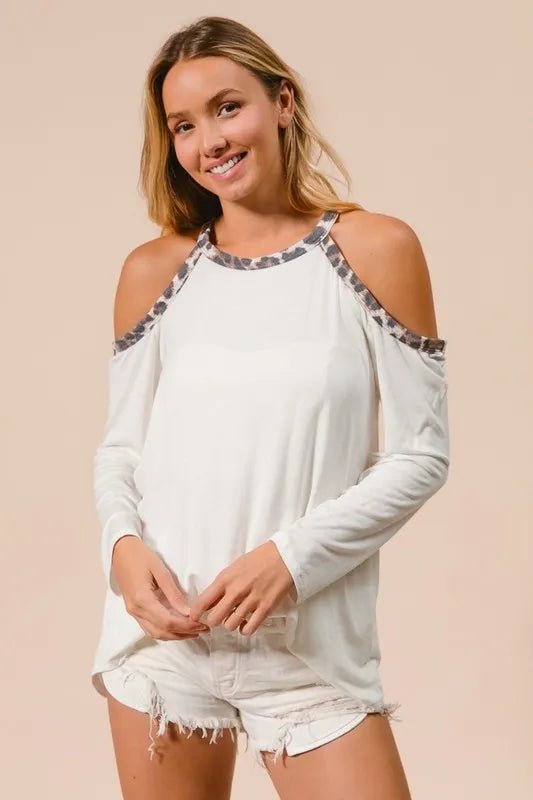 BiBi Jersey Knit Cold Shoulder Top with Leopard Neck - Bitsy Gypsy Boutique