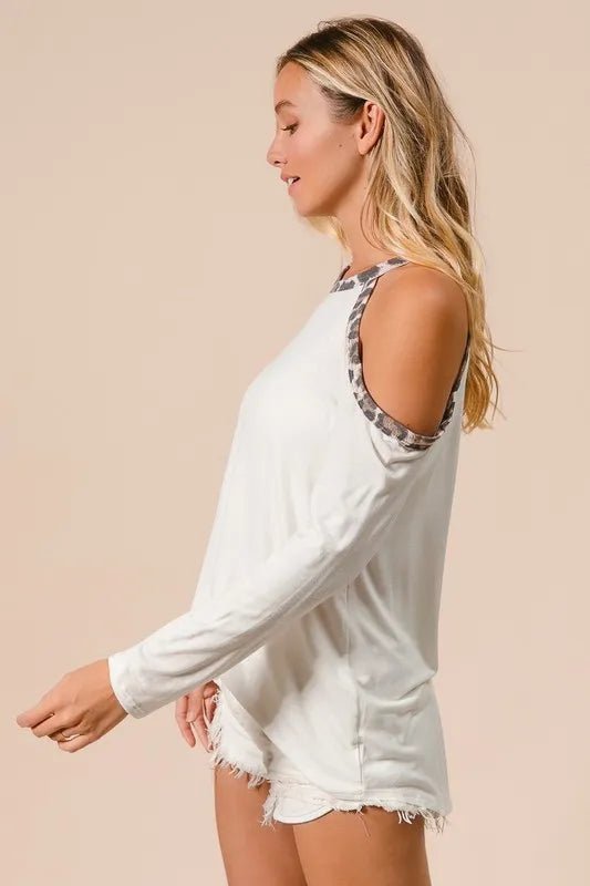 BiBi Jersey Knit Cold Shoulder Top with Leopard Neck - Bitsy Gypsy Boutique