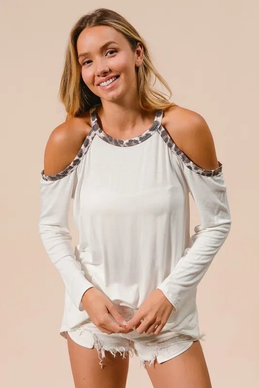 BiBi Jersey Knit Cold Shoulder Top with Leopard Neck - Bitsy Gypsy Boutique