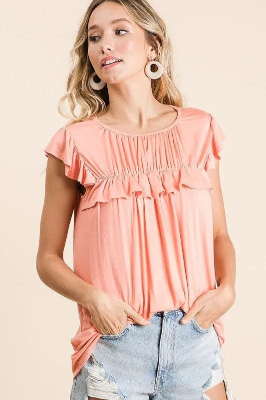 BiBi Jersey Knit Gathered Top with Ruffles - Bitsy Gypsy Boutique