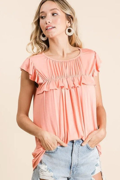 BiBi Jersey Knit Gathered Top with Ruffles - Bitsy Gypsy Boutique
