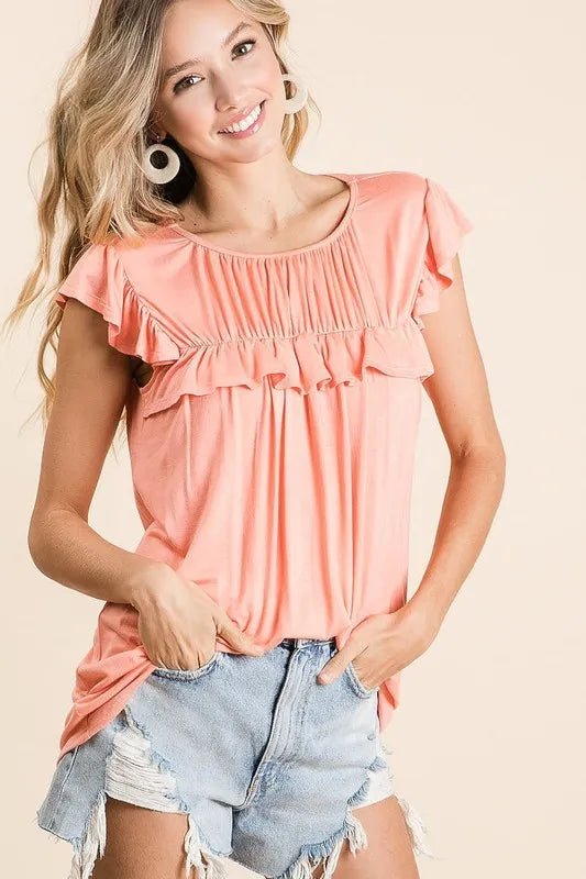 BiBi Jersey Knit Gathered Top with Ruffles - Bitsy Gypsy Boutique
